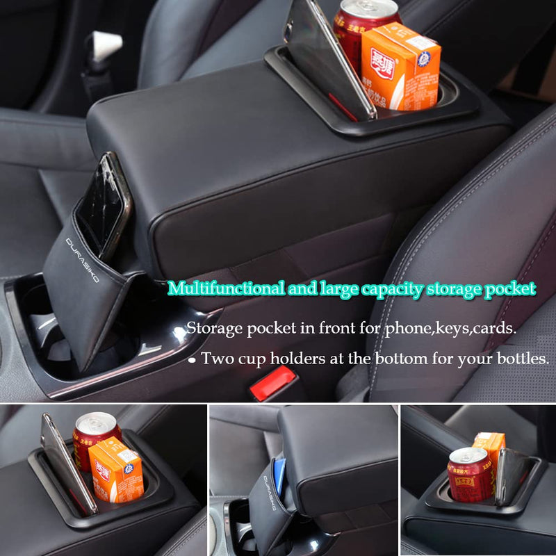 Car Center Console Pad with Front Storage Pocket for Phone,PU Leather Armrest Cushion with Cup Holder,Elbow Rest Pillow,Universal Car Armrest Seat Box Cover Protector for Most Vehicles Beige
