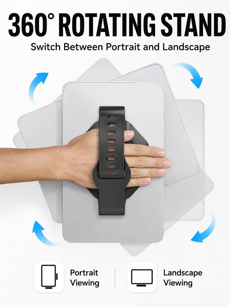 Tablet Hand Strap Holder and 360° Rotating Stand, Black | 360° rotating grip with silicone band and nano adhesive pad; fits iPad, Galaxy Tab, Xiaomi, Vivo and Huawei tablets.
