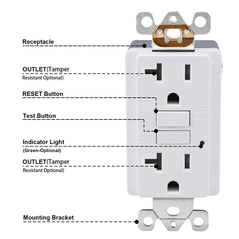 Baomain GFCI Outlet 20 Amp, with Wallplate, Self-Test Indoor Receptacle, Ground Fault Circuit Interrupter with Indicator Light, UL Certified, White (4-Pack) 4 20 Amp (Not-TR)