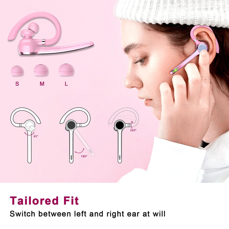 HEIBAS Bluetooth Headset, Wireless Earpiece with Mic for Work | 72H Playtime, 500mAh Charging Case, Hands-Free Calling with Mute Button for Work, Trucker, Office, Driving, iPhone, Pink
