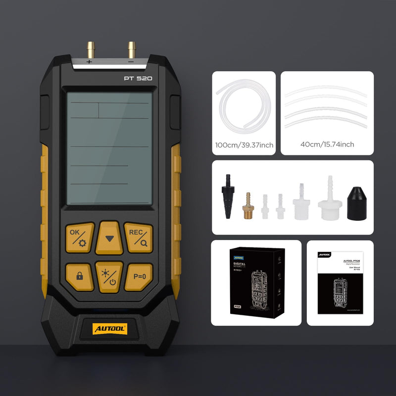AUTOOL Manometer Gas Pressure Tester,Digital Manometer HVAC,10 Units Differential Dual Port Pressure Gauge -100 to 200Kpa,Data Zeroing with Backlight LCD Display PT520