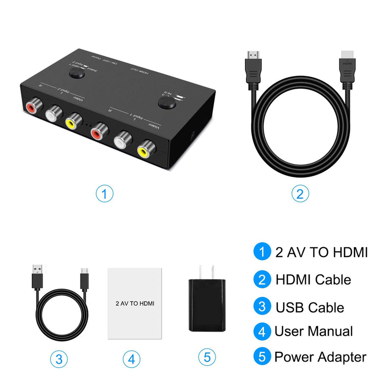 2Port RCA/AV to HDMI Converter Adapter for WII, N64, Xbox, PS1/2/3,DVD Players etc (2AV in-1 HDMI Out) 2RCA to HDMI Converter