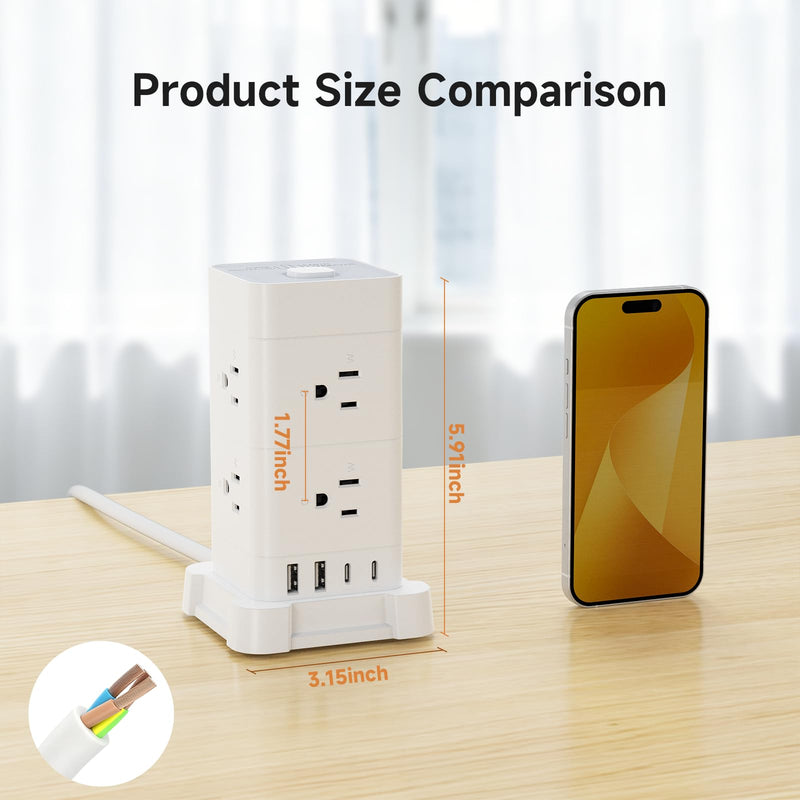 Power Strip Tower with 8 AC Outlets 4 USB Ports (2 USB-C), Surge Protection 3M Extension Cord Flat Plugs Charging Tower for Home Office Desk, White
