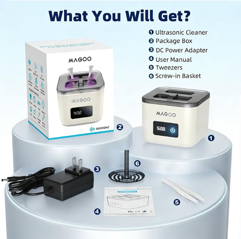Ultrasonic Retainer Cleaner Machine, Denture Cleaner for Aligners Night Guards Braces Mouth Guards Toothbrush Heads，All-in-One Dental & Jewelry Cleaner, 45kHz 200ML, Dual Modes Ivory