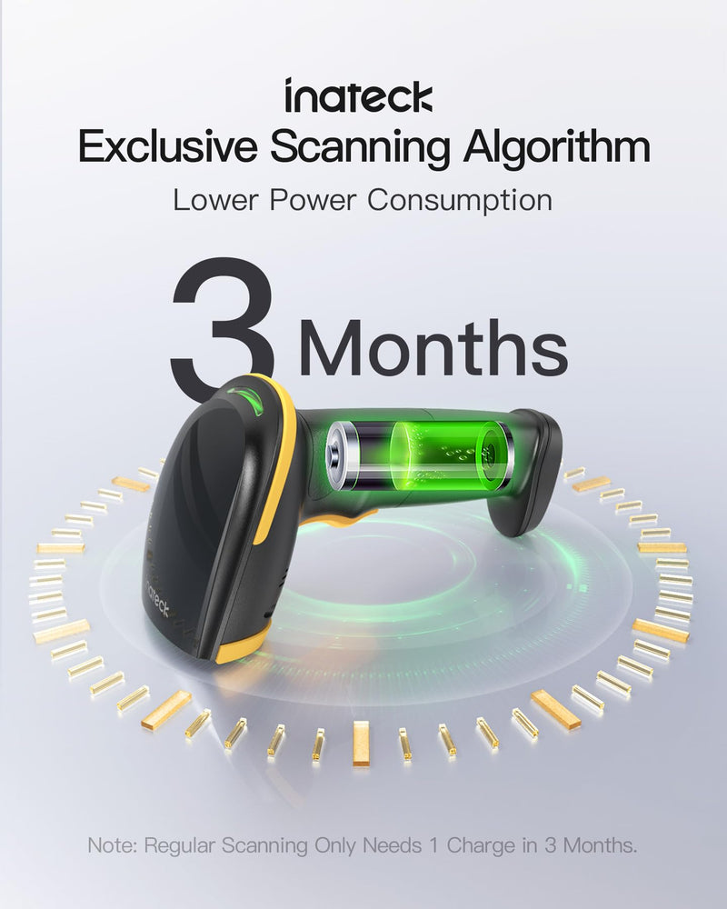 Inateck Wireless Barcode Scanner, Bluetooth Bar Code Scanner, 1D USB Barcode Reader Handheld, 1 Charge 3 Months, Scanner Barcode with APP and SDK Black