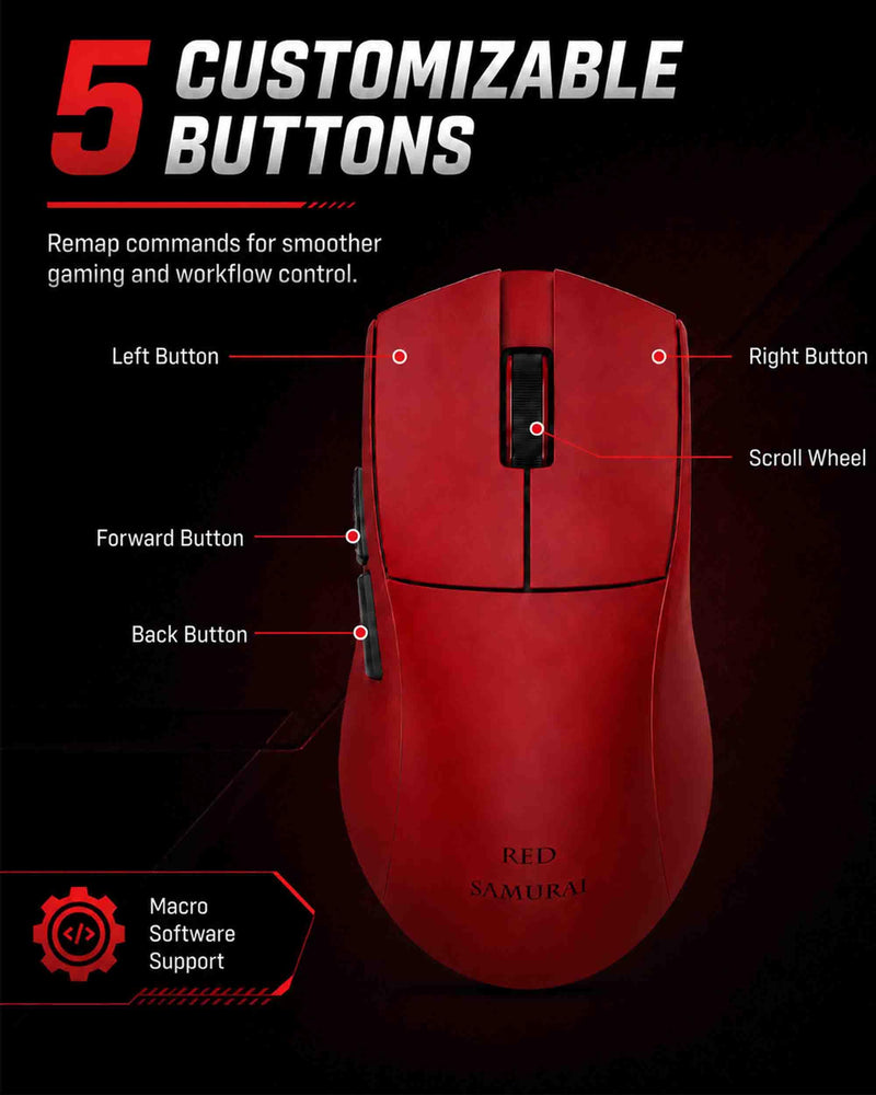 RED SAMURAI Wireless Gaming Mouse, 51g Ultra-Light, Tri-Mode,Red | Ultra-lightweight 51g body, Tri-mode BT/2.4G/USB-C wired, 26K DPI precision optical sensor, 1000Hz polling rate Red