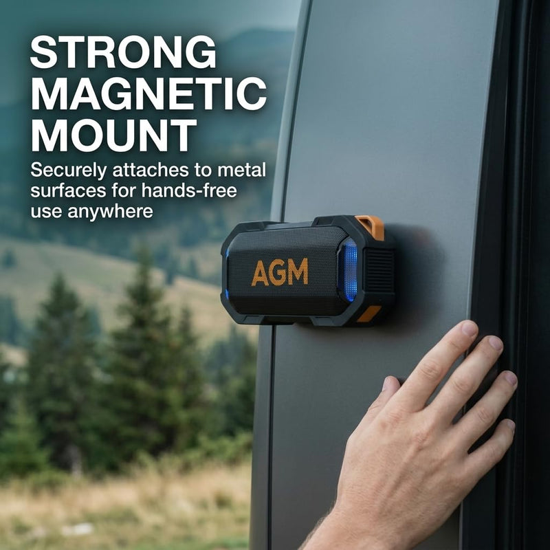 AGM MagROCK Magnetic Bluetooth Speaker, IP67 Waterproof & Floatable, Strong Magnet Mount for Fridge & Toolbox, Drop-Proof Rugged Portable with RGB Lights, TWS Stereo, for Shower, Garage, Outdoor