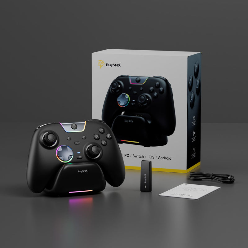 EasySMX X05Pro Wireless PC Gaming Controller with Smart Charging Dock | Hall Effect Joysticks, Full Quiet Buttons, Dual-Stage Linear Triggers, 8-Way D-Pad, PC/Android/iOS/Switch Compatible, Black