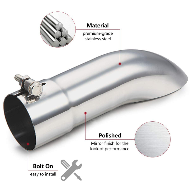 LCGP 2.5 Inch Inlet Turn Down Exhaust Tip, 2 1/2 Inch Inside Diameter Inlet, 9’’ Length Stainless Steel Turndown Exhaust Pipe Silver