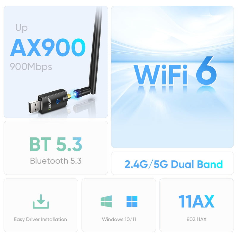 EDUP AX900M USB WiFi 6 Adapter Bluetooth 5.3 BT5.3, Compatible with Windows 11/10, Dual Band 2.4G/5Ghz, IEEE 802.11ax/900Mbps, Wireless Network Adapter with 5dBi Antenna for Mac Laptop Desktop PC