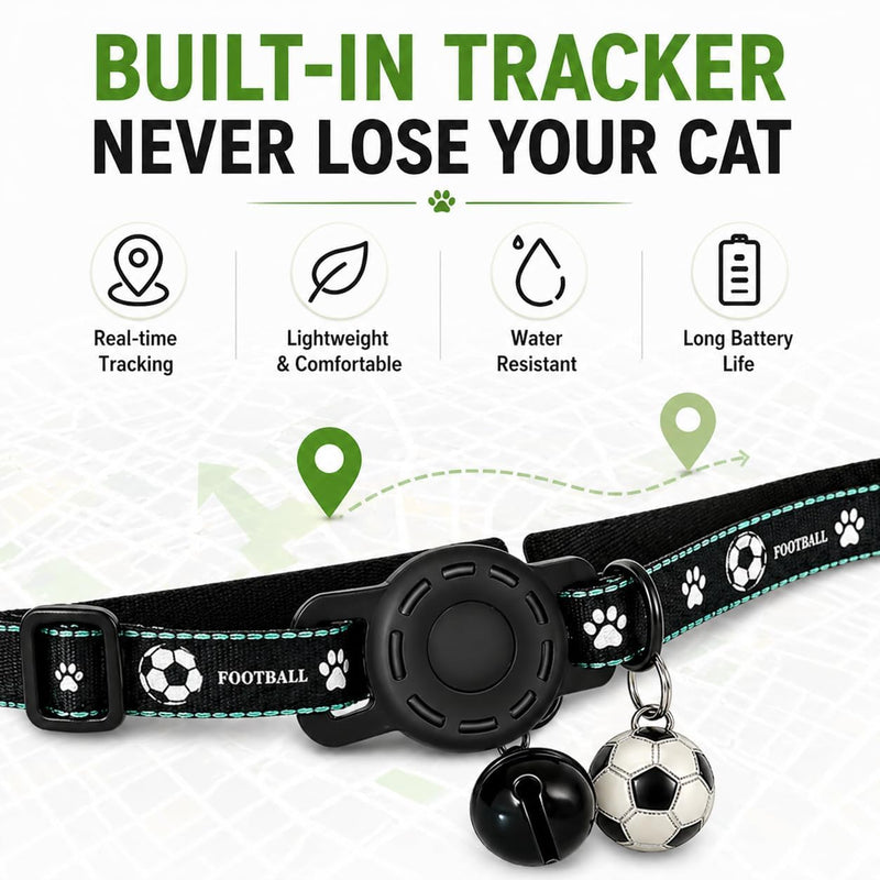 GPS Collar for Cats (Android Only) Pet Tracker, Soccer Style Smart Tag Compatible with Google Find My, Waterproof No Monthly Fee Cat Tracking Collar, Game Day Football Design for Pet Safety