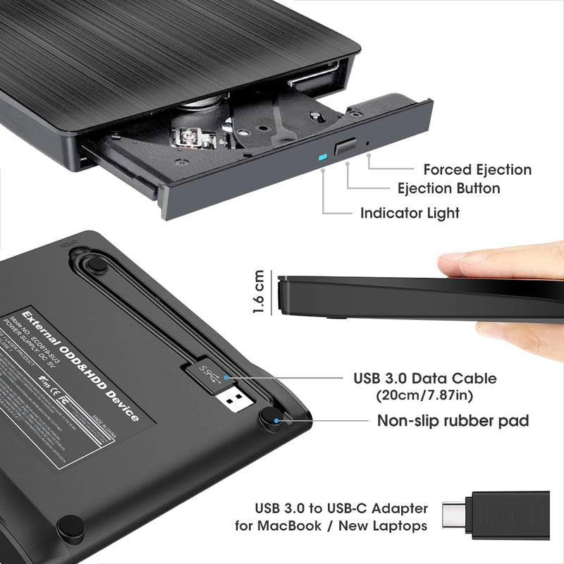 ROOFULL External CD DVD Drive for Laptop, Genuine USB 3.0 Portable CD/DVD Player Burner Reader Writer Adapter for Windows 11/10 Computer Mac MacBook Linux PC 2 In 1 Drive
