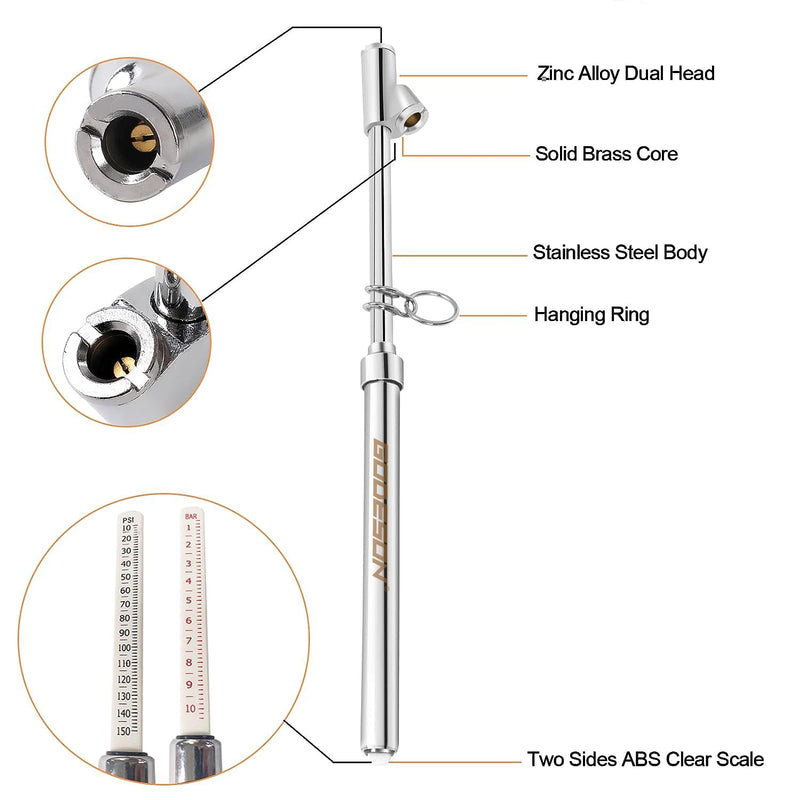 GODESON Dual Head Tire Pressure Gauge,Heavy Duty Tire Pressure Gauge Range 10-150PSI; 1-10Bar,Dual Head Truck Air Pressure Gauge (Pack of 2) Silver 2 Pack