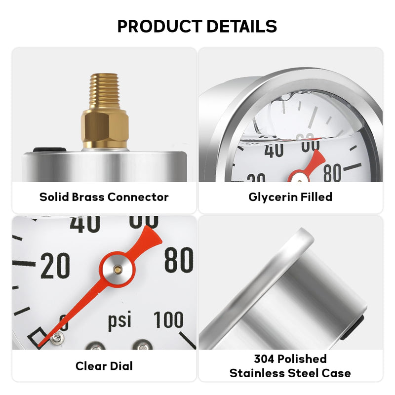 MEASUREMAN 1.5" Liquid Filled Fuel Pressure Gauge, 0-100 PSI Range for Accurate Tuning - Stainless Steel Case with a 1/16" NPT Center Back Mount