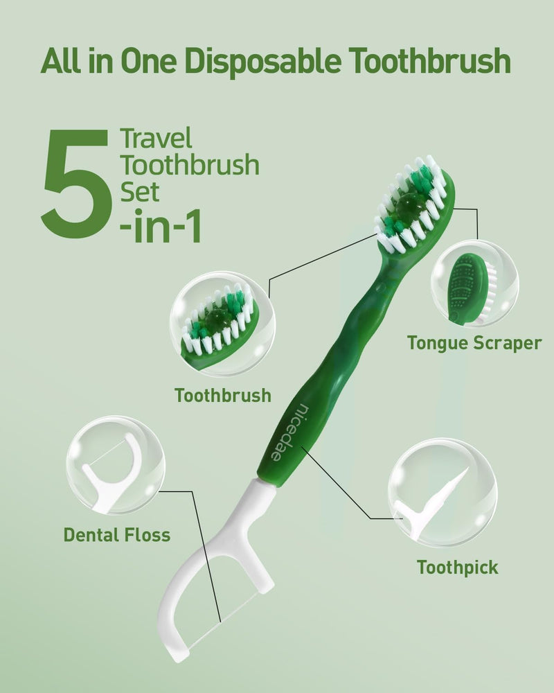 Disposable Mini Travel Toothbrush Bulk with Toothpaste 5in1 60Ct Portable Toothbrushes Set Floss Pick Tongue Scraper Cruise and Travel Essentials (Green) Green