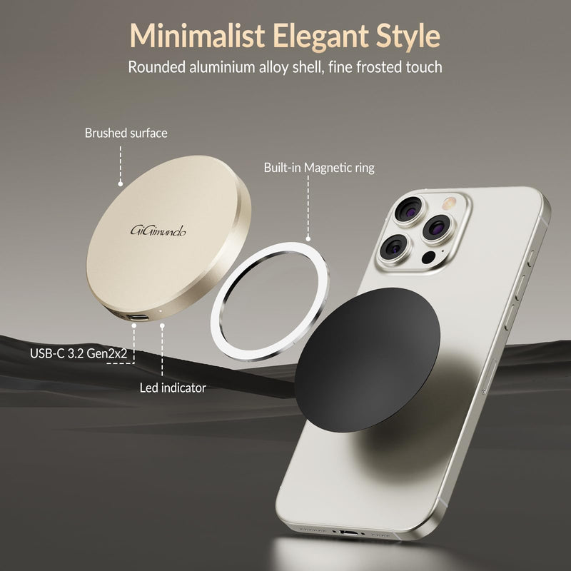 GiGimundo GQ20 Ultra-Slim Magnetic Portable SSD 512GB - Max 20Gbps High-Speed, Compact Stylish USB-C External Drive for Windows, Mac, Android – Round Design, Fast File Transfer Rose Gold