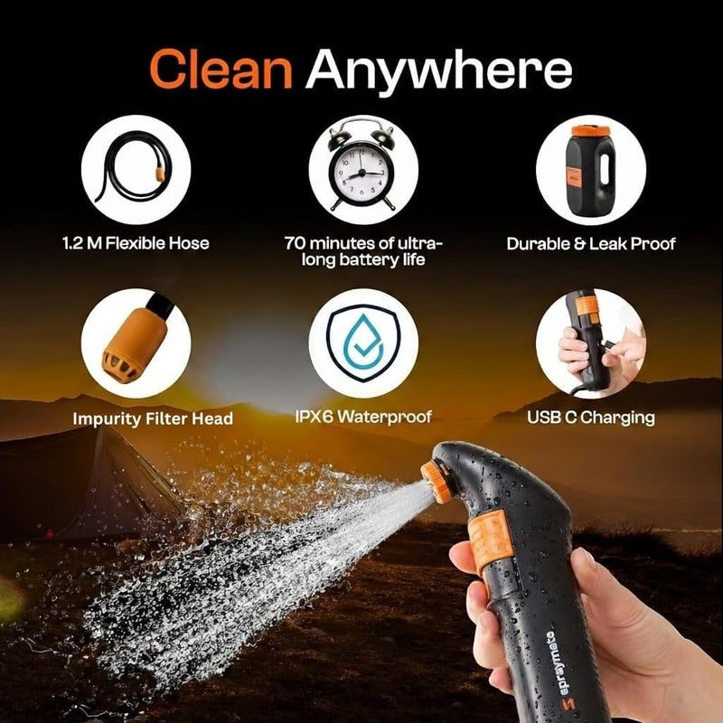 Portable Bidet for Travel & Camping – Electric High Pressure Rechargeable Bidet for Women & Men | 2.5L Bottle | 1300ML/Min Flow | USB-C | 1600mAh Battery | USA Brand – Spray Mate Jumbo (Black) Orange-black