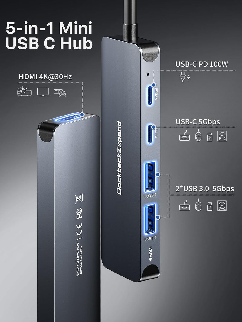 USB-C Hub 5-in-1 with 4K HDMI, 100W Power Delivery, 5Gbps USB-C Data Port and 2 5Gbps USB-A Data Ports for MacBook Pro/Air, iPad Pro/Air, Dell XPS Dual C port 5 IN 1
