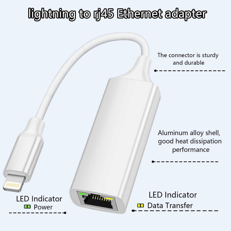 MFi Certified Ethernet Adapter Compatible with Lightning to RJ45 Ethernet LAN Network Adapter for i-Phone14/ 13/12/11/i-Pad/i-Pod, Plug and Play, Supports 100Mbps (Non-PoE) 7.8IN White