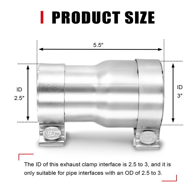2.5 to 3 Inch Exhaust Adapter, 2.5" ID to 3" ID Exhaust Reducer Connector Pipe with Clamp 2.5" - 3" (6.3" OL)