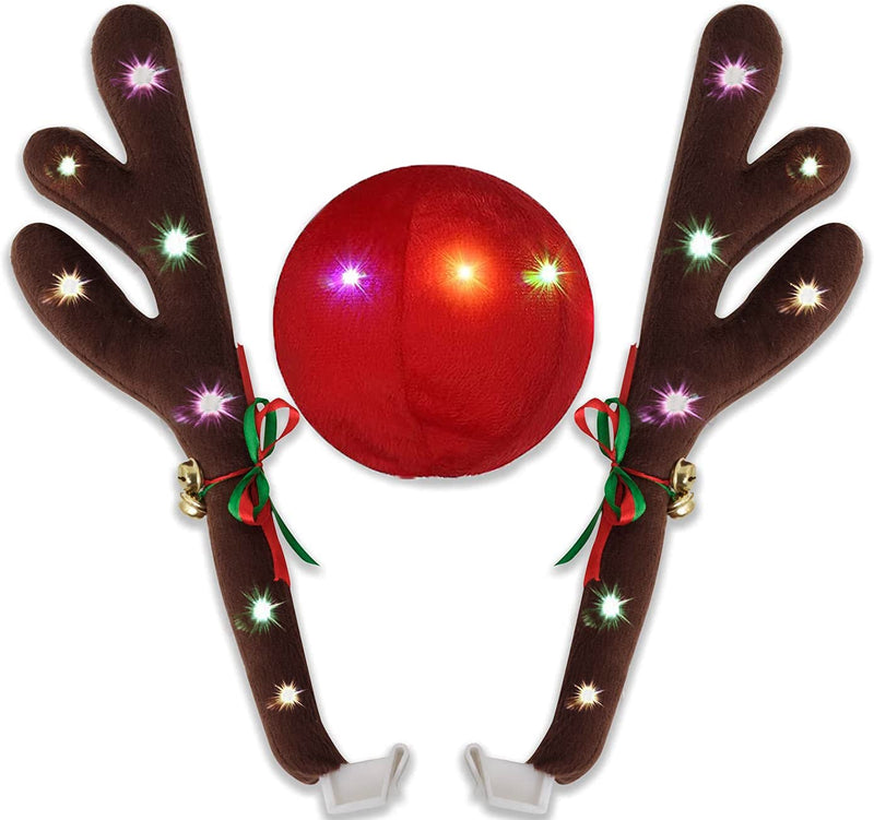 Car Reindeer Antler Kit with LED Light Christmas Auto Decorations Lighted Antlers and Nose with Jingle Bells Character Kit,Car Accessory (Multicolor)