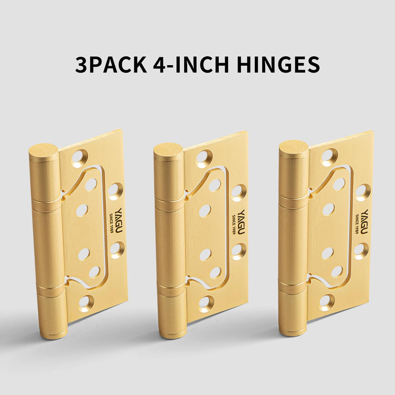 YAGU 3 Pack Non-Mortise Door Hinges - 4" × 3" inch Stainless Steel Bifold Door Hinge - Easy to Install and Heavy Duty with Sqaure Corners, Brushed Gold