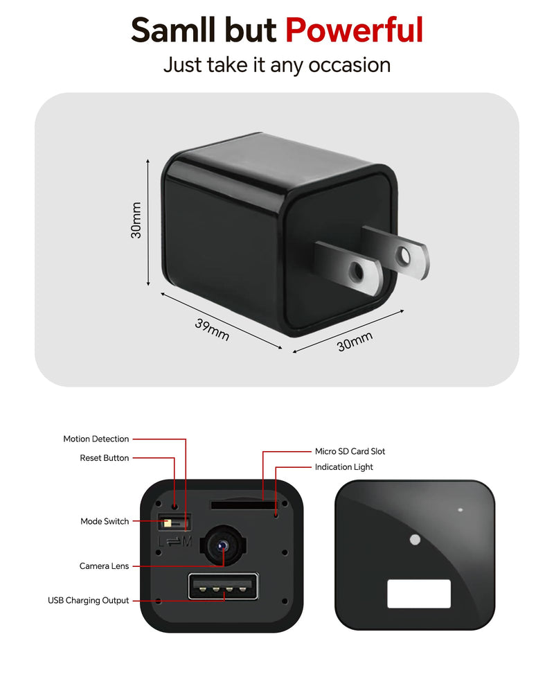 Asnaghi Camera Charger,HD 1080P, 64GB Nanny Cam Camera with Motion Detection,No Wi-Fi Needed
