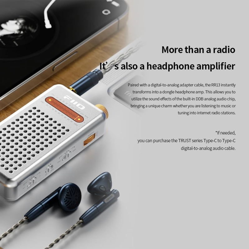 FIIO RR13 Portable FM Radio, Rechargeable Pocket Radio with Built-in Speaker, Analog Tuning Dial, FM 76-108MHz Reception, Replaceable Battery and External Antenna Silver