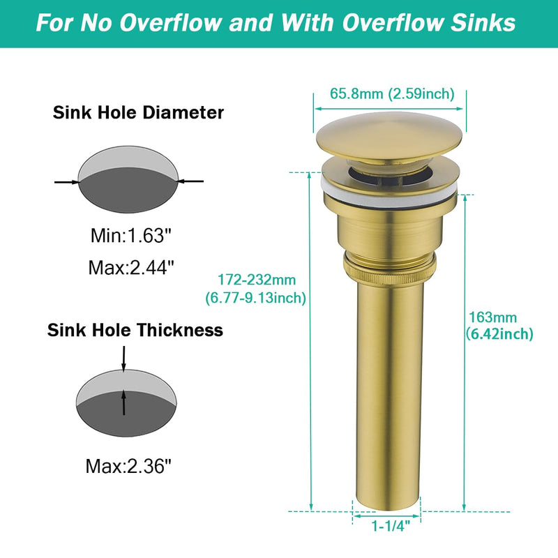 Bathroom Sink Drain With Overflow and Without Overflow Vessel Sink Lavatory Vanity Dual Use Pop Up Drain Stopper,All Metal Rustproof Brass and 304 Stainless Steel,Champagne Bronze Champagne Bronze