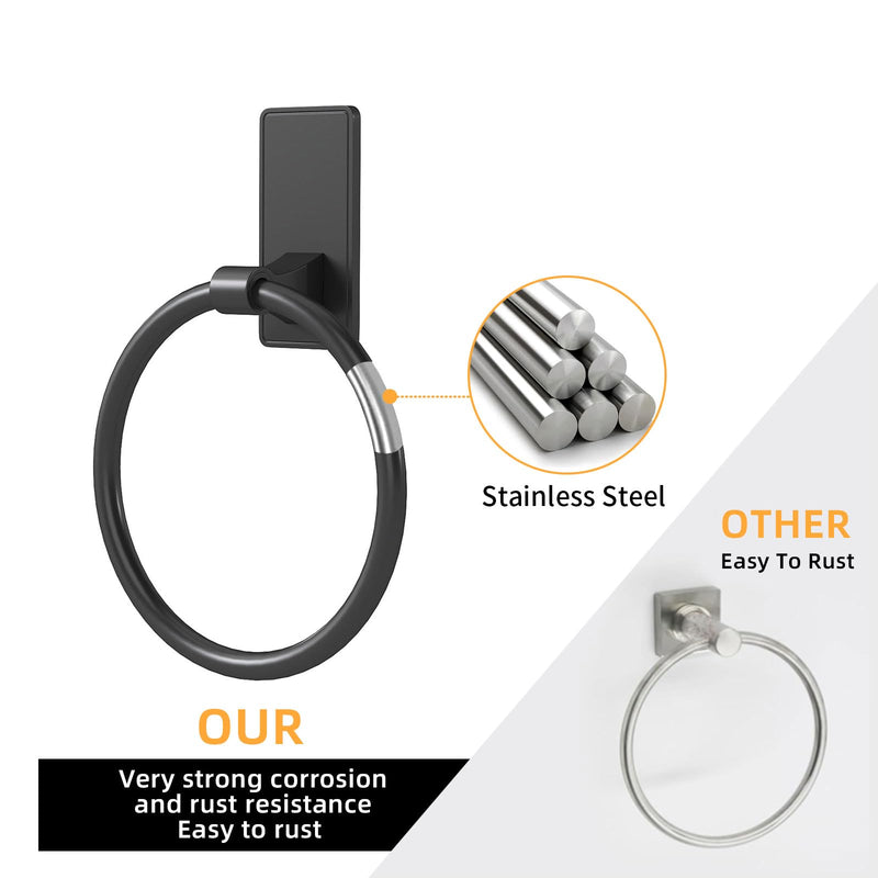 Towel Ring, SUS304 Hand Towel Holder for Bathroom，Matte Black Towel Holder Bathroom Adhesive Towel Hanger for Bathroom, Kitchen, 2 Pack Matte Black Round(2-pack)