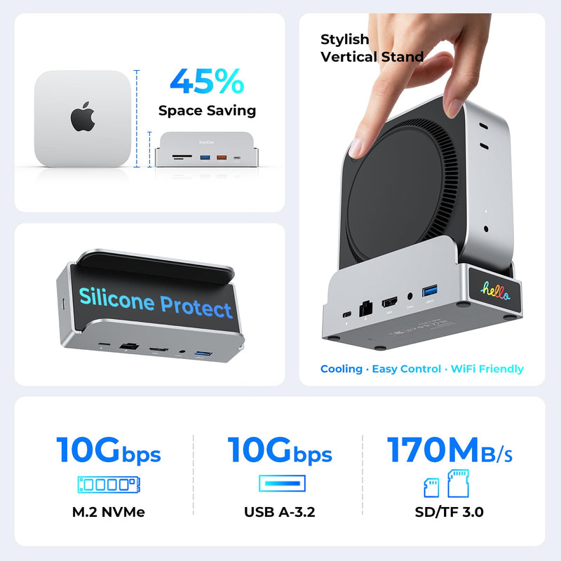 RayCue SmartDock Pro for Mac mini M4 Dock Stand with M.2 NVMe SSD Enclosure, 4K 60Hz HDMI, 10Gbps USB-C/A, Gigabit Ethernet, SD/TF Card Readers – Space-Saving Vertical Hub Compatible with Mac mini