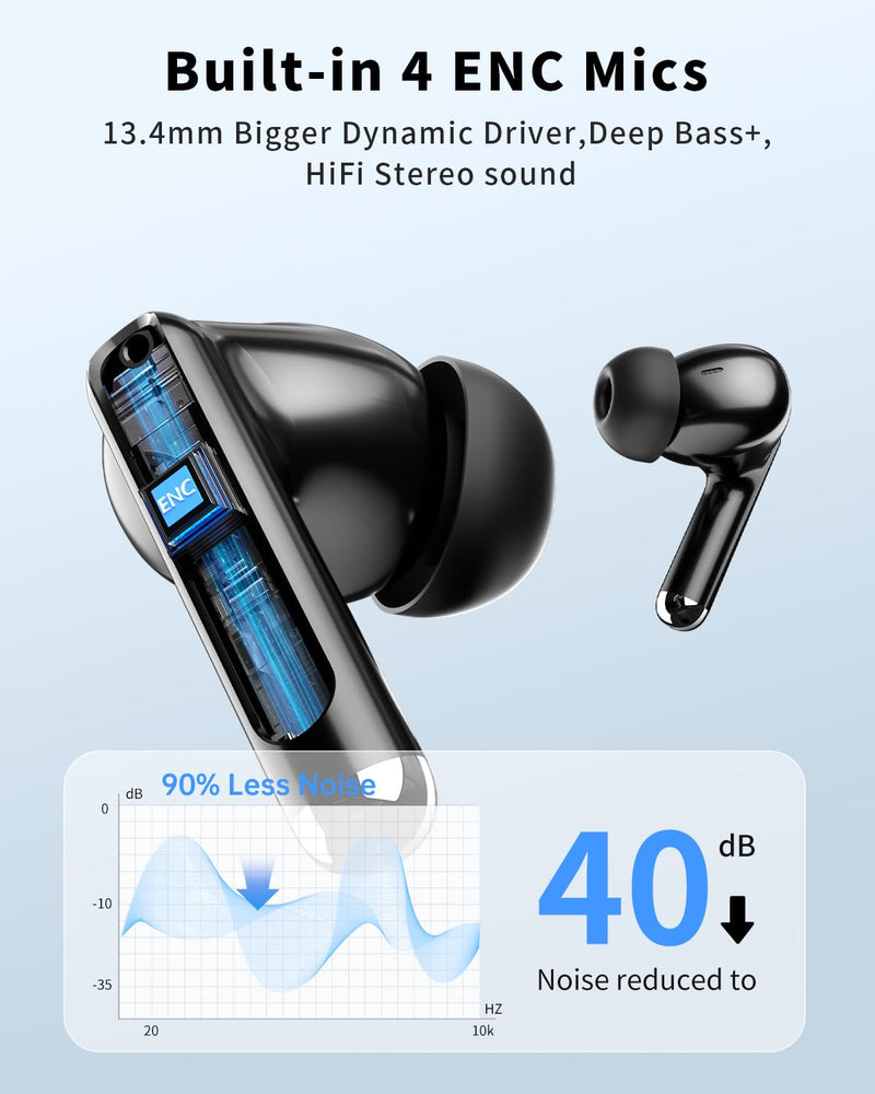 Wireless Earbuds, Bluetooth 5.4 Ear Buds Bass Stereo, Headphones with Noise Cancelling Mic, LED Display in Ear Earphones Clear Calls, IP7 Waterproof Bluetooth Earbuds for Phone/Android/iPad, Black Deep Black