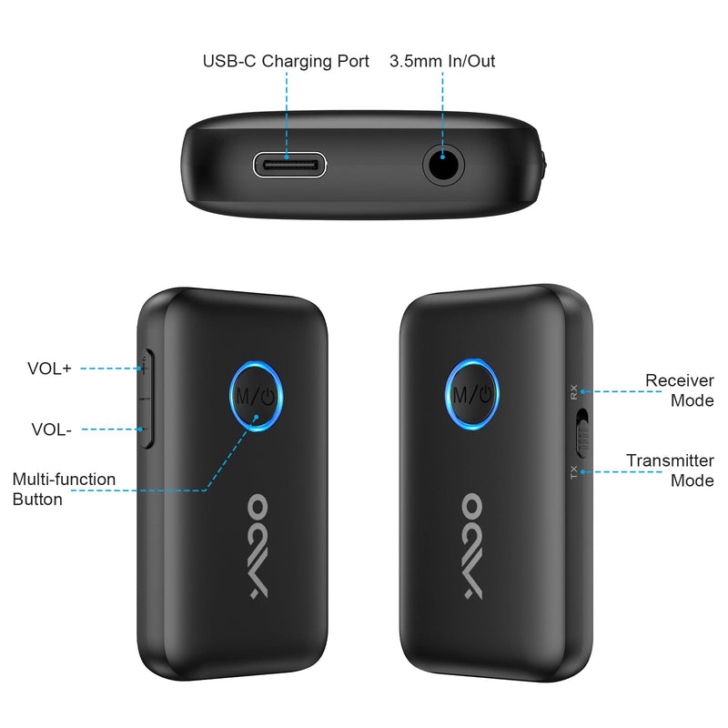 YMOO Airplane Bluetooth Adapter for AirPods, Bluetooth Transmitter Receiver | for TV, with aptX Adaptive & Low Latency, 3.5mm Aux Wireless Audio Adapter for 2 Headphones, Airplane Travel Essentials Black