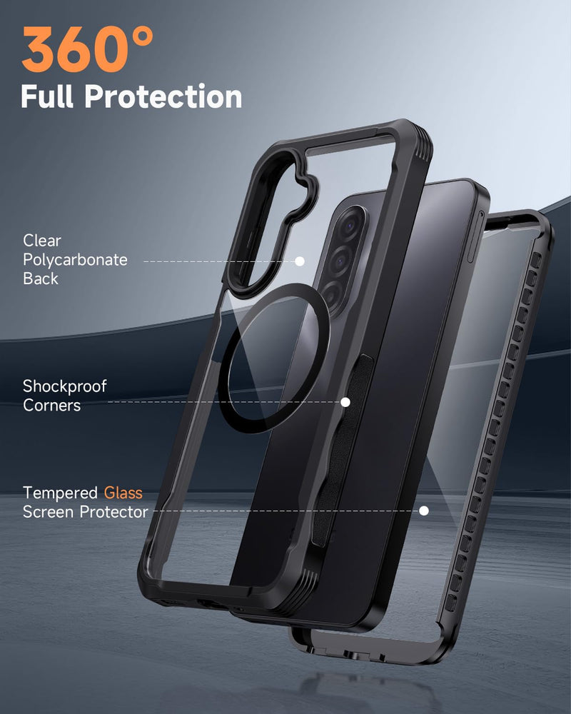 seacosmo for Samsung Galaxy A16 A17 A26 5G Case with Glass Protector Black | Full Body Bumper, Built-in Tempered Glass, Camera Lens Protection, Compatible with MagSafe, Shockproof a17 a16 a26 5g Case Black Clear