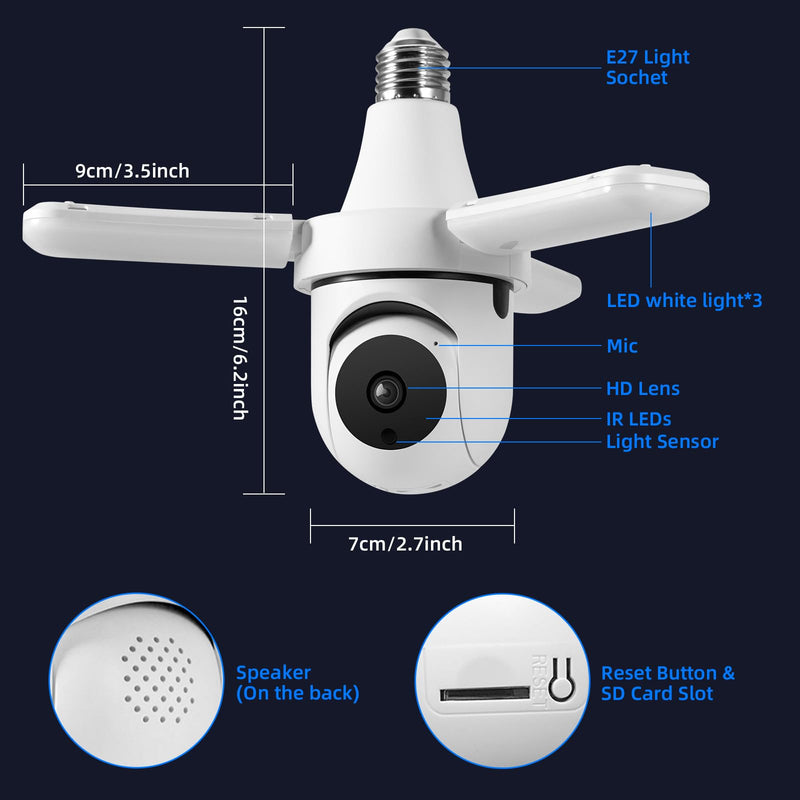 TOWODE Light Bulb Security Camer,LED Light Bulb Camera 3MP HD Smart Garage Security Camera with AI Human Detection,Two-Way Audio,Color Night Vision,Compatible with Alexa（with 64G TFcard） 1