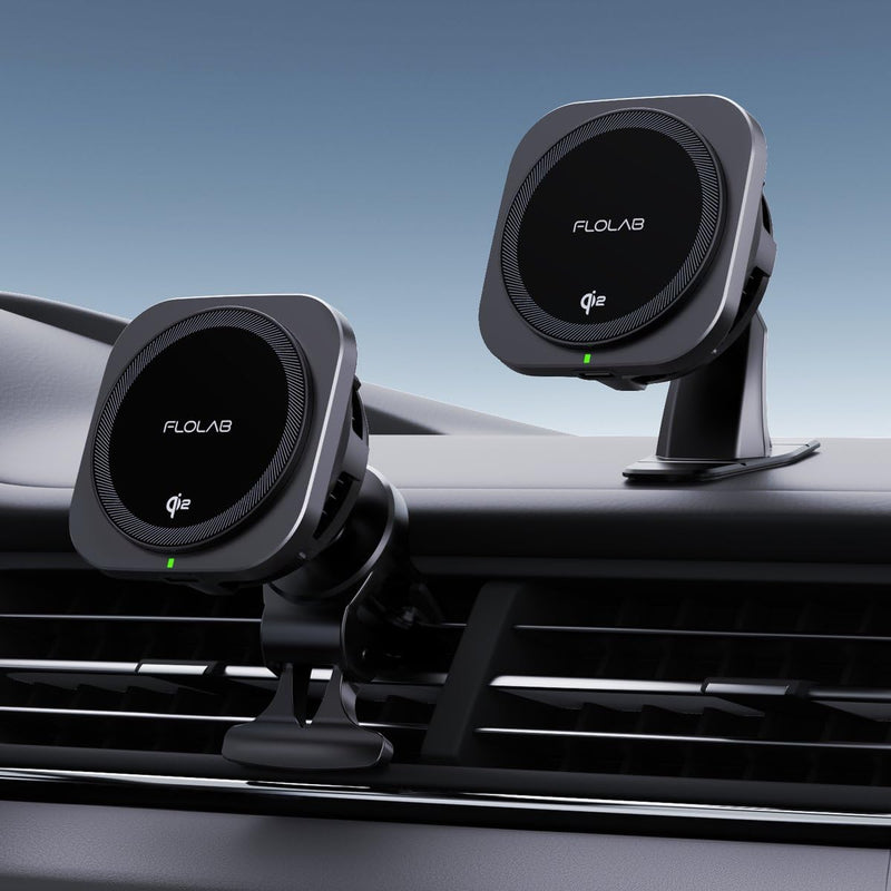 FLOLAB Qi2 15W Wireless Car Charger for iPhone 16/15/14/13/12 Qi2 Car Charger, Magnetic Vent Mount/Dashboard Mount Car Phone Holder, Fast Charging with Cooling Qi2 15W Fast Charging Kit 1