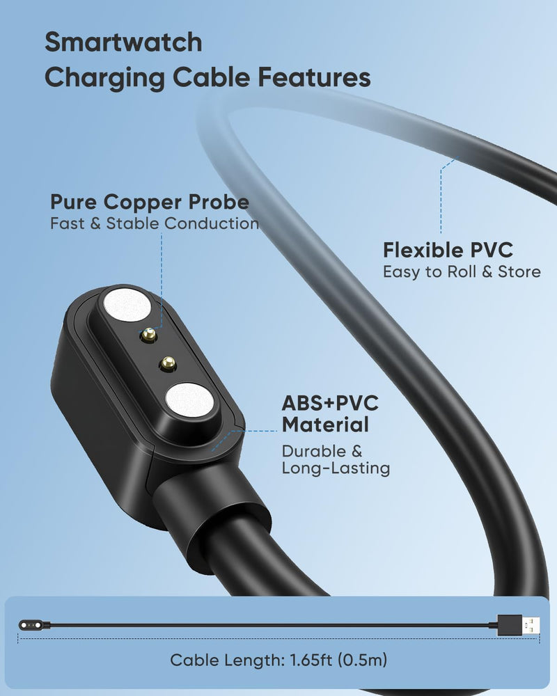 Smart Watch Charger, Fast Magnetic USB Charging Cable with Overcharge Protection, Replacement Cord Compatible with ID208PLUS GTX20 IDW13PLUS IDW19H IDW20 IDW28, AR-01/02, DR-03/05/06, 1.65ft