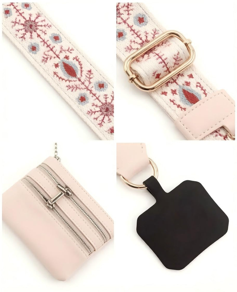 Phone Lanyard Card Holder, Adjustable White Strap Pattern Crossbody Neck | Detachable Card Wallet, Neck & Crossbody Strap for Travel, Shopping, Daily Use, Hands-Free Phone Accessory for Smartphones