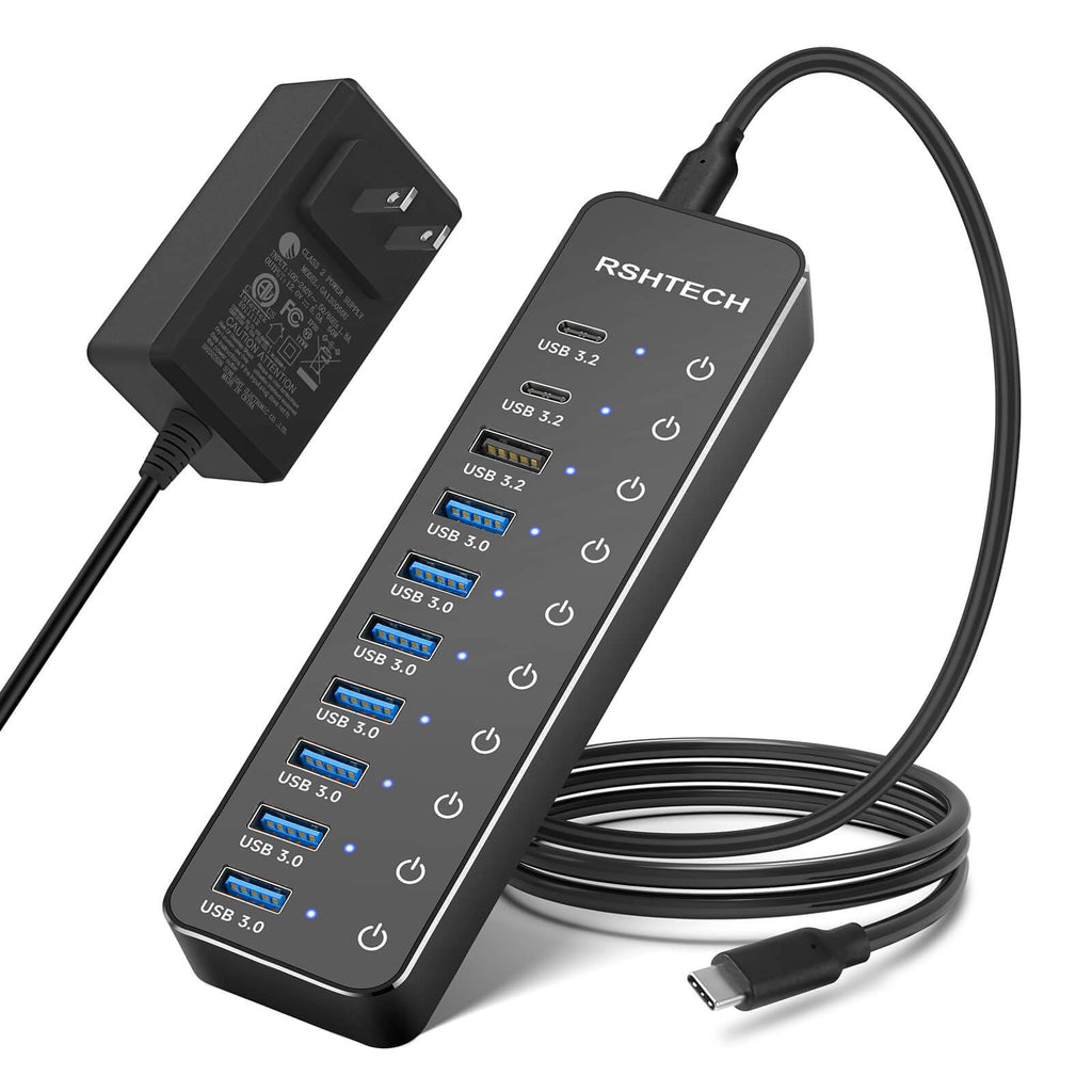 Powered USB Hub, RSHTECH 10-Port USB 3.2/USB C Hub 60W with 10Gbps USB-A 3.2, 2 USB-C 3.2, 7 USB 3.0 Ports, Individual Touch Switches and 3.3ft Cable, Hybrid USB Splitter for Laptop/PC, RSH-ST10C