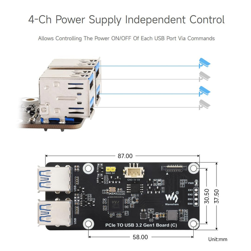Waveshare PCIe to 4-Ch USB3.2 Gen1 Board (C), Compatible with Raspberry Pi 5, Up to 5Gbps Transmission Speed, No Driver Required, Plug and Play