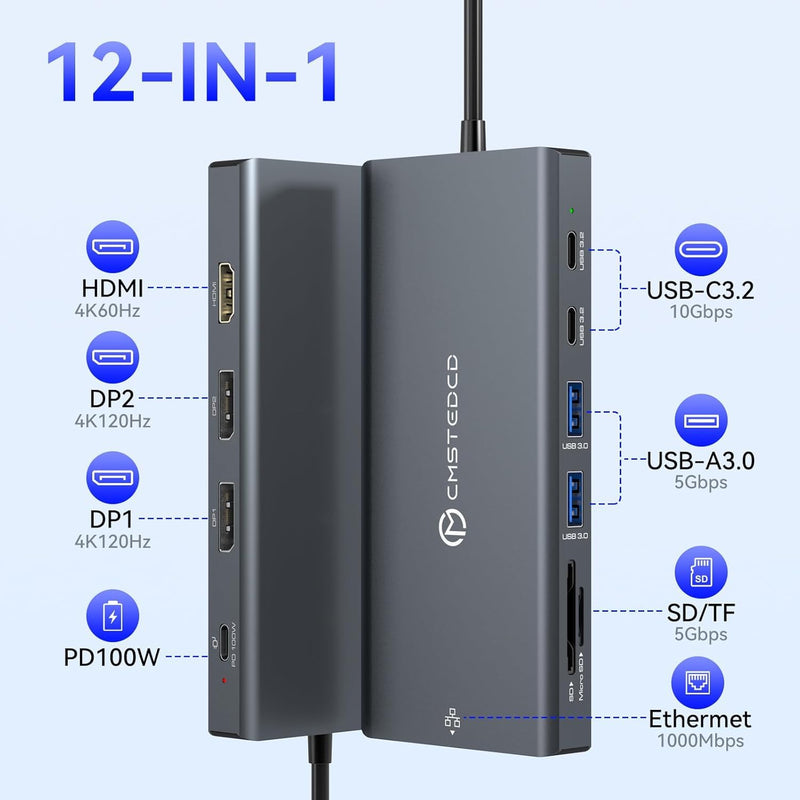 USB C Laptop Docking Station 3 Monitors with Dual DisplayPort 4K@120Hz and HDMI 4K@60Hz, 12 in 1 Thunderbolt Hub with USB A 3.0, USB C 3.2, Ethernet, SD, TF, PD 100W Medium grey