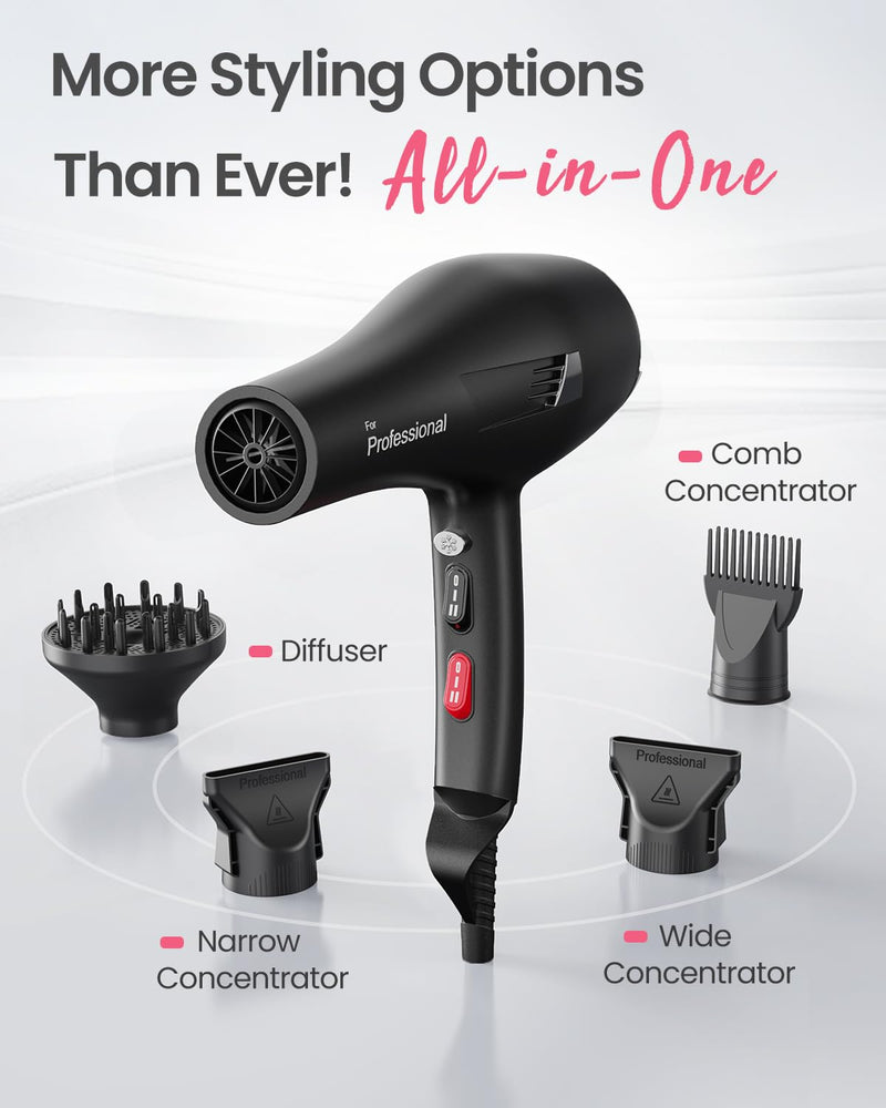 Dekuri Professional Hair Dryer, 29m/s Fast Ionic Blow Dryer | 130M Negative Ions & Blue Light, 29m/s Fast Drying, 4 Styling Attachments, 2m Cable (1.8m Exposed), UK Plug Jet Black