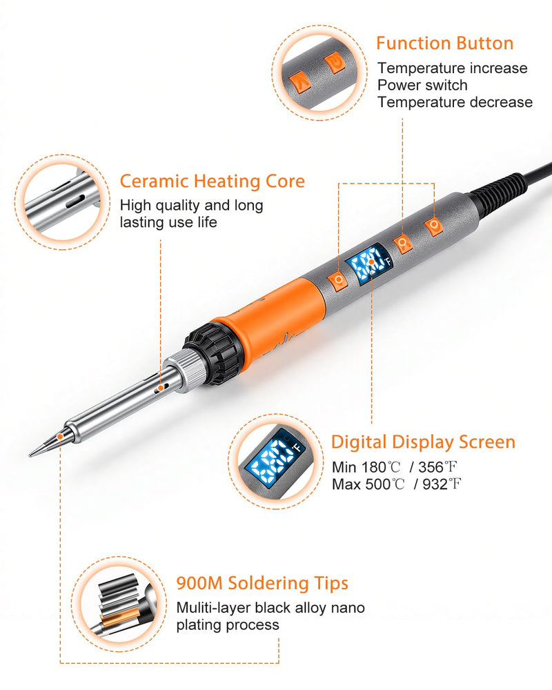 Soldering Iron Kit, 100W High Power LCD Digital Solder Iron Pen, Fast Heating Soldering Tool with Magnifying Glass and Helping Hands, Iron Tips, Solder Wire, Tweezer, Automatic Sleep Mode Orange