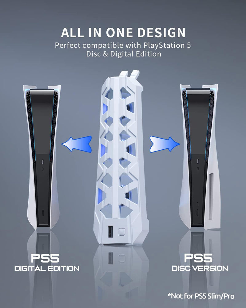 PS5 Cooling Fan (Not for Slim/Pro) High-Efficiency Cooler with USB3.0 | Cooling Fan for PS5, PS5 Accessories with Quiet Cooler Fan, Air Balance Blade, Blue Led Light Light Gray