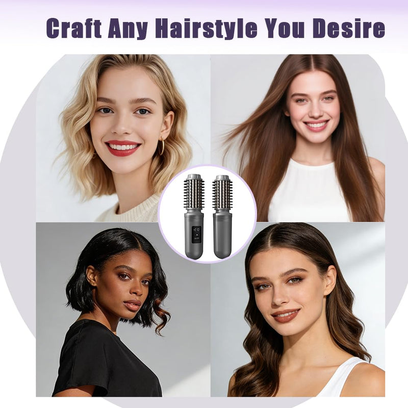 Cordless Hair Curling Iron Brush Rechargeable Battery-Powered, 3-in-1 Portable Hot Straightener Curling Comb 3 Temperature Settings with LCD Display White