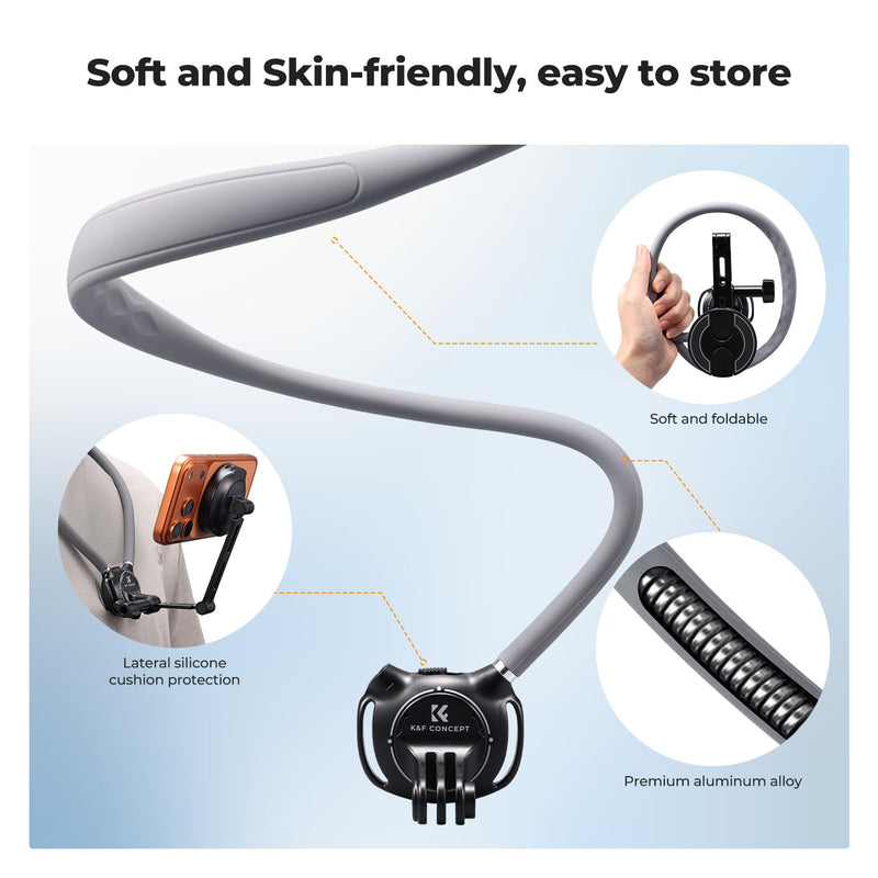 K&F CONCEPT 2-in-1 Magnetic & Clip-on Neck Phone Holder | POV Phone Holder, Hand Free Chest Stand Compatible with iPhone 17-12 Seires Android Phones, TW01 Gray