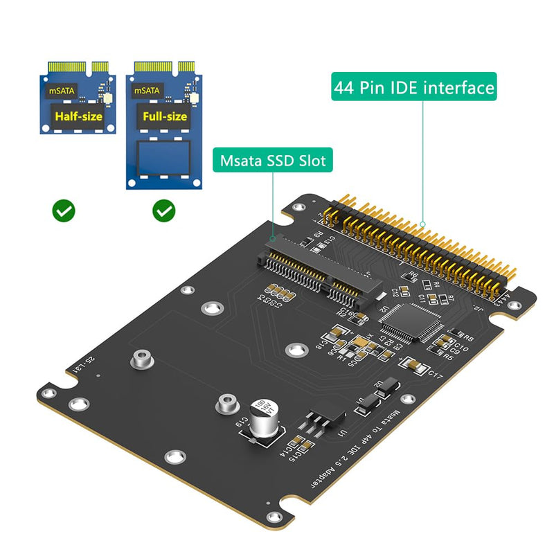 MSATA to 44 Pin IDE Adapter, Support Half Size and Full Size mSATA SSD, Compatible with 2.5" ID, (Black)