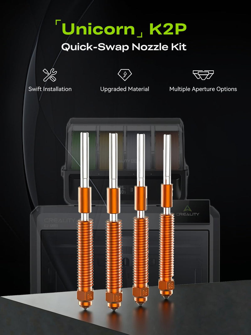 Creality K2 Plus Quick-Swap Nozzle Kit 4-Pack for K2/K2 Plus/Creality Hi, Includes 0.4mm x2, 0.6mm, 0.8mm Apertures, Swift Installation & Upgraded Material 4-Pack(0.4mm*2 & 0.6mm & 0.8mm) K2/K2 Plus/Hi