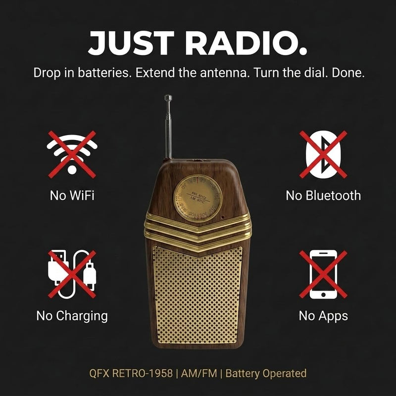 QFX Retro Portable Transistor Pocket AM FM Radio, RETRO-1958, Wood | Telescoping Antenna, High-Fidelity Speaker, Headphone Jack, Battery Operated, Classic 1950s Design