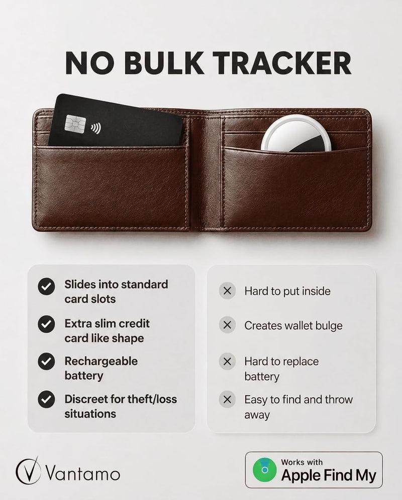 Vantamo Ultra-Thin Wallet Tracker Card, Apple MFi Certified, IP68 Waterproof Bluetooth Smart Card Wallet Tracker & Passport, Works with Apple Find My, Wireless Charging, iOS Only Credit Card without Pattern